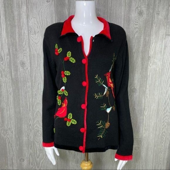 Vintage Bobby bell embroidered cardinal bird holly Christmas sweater med - Picture 2 of 7